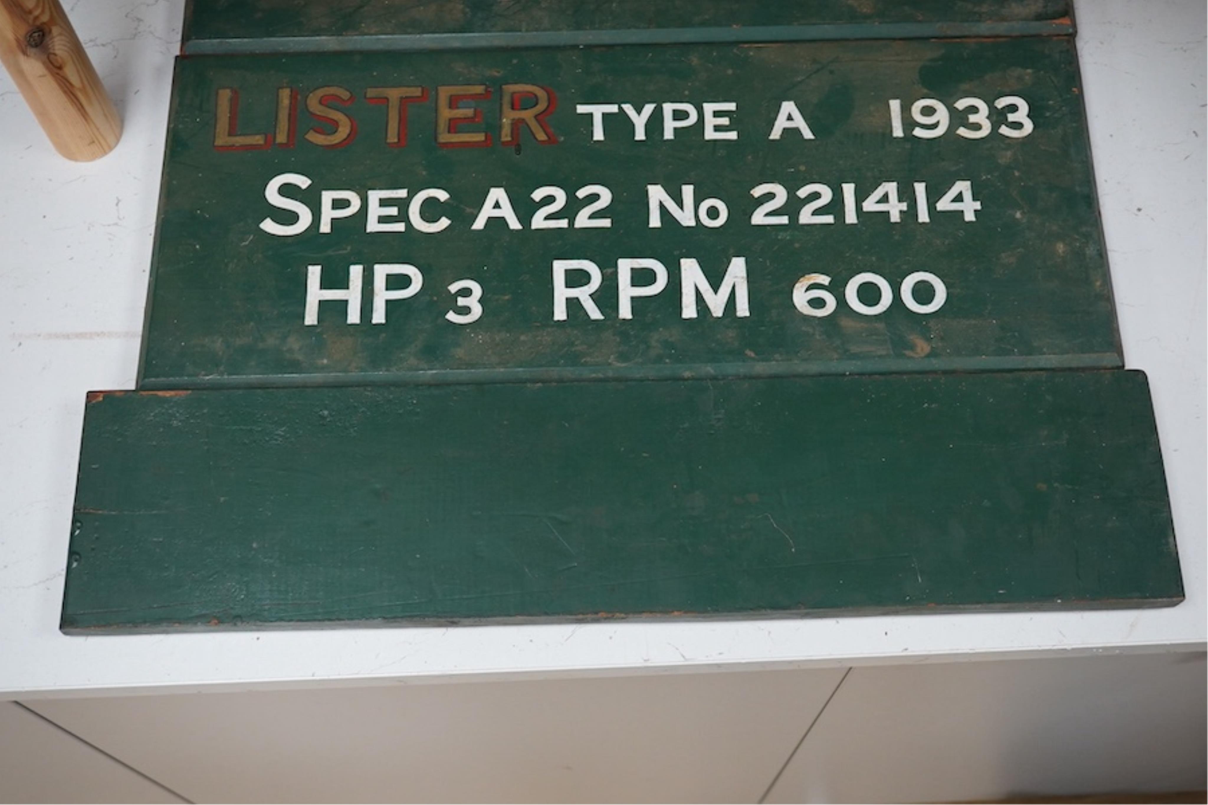 Four Lister engine painted wooden signs, dated: 1927 1933 1942 and 1951. Widest 56cm. Condition - worn in places